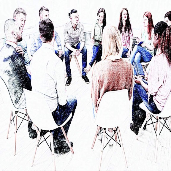 drawing of diverse group of people seated in a circle