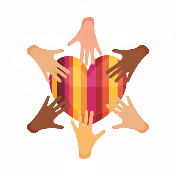 drawing of a heart with diverse hands touching it